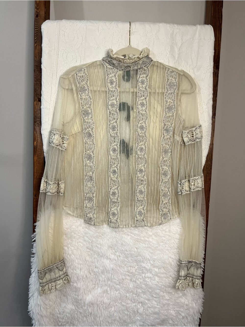 Free People New Romantics Victorian Lace Sheer Blouse - Cream/Silver